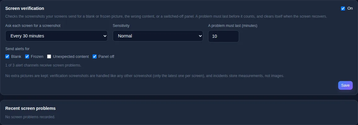 The Screen verification settings, switched On: Ask each screen for a screenshot Every 30 minutes, Sensitivity Normal, A problem must last 10 minutes. Send alerts for Blank, Frozen and Panel off are ticked, Unexpected content is not. A line says 1 of 3 alert channels receive screen problems. Below, Recent screen problems says No screen problems recorded.