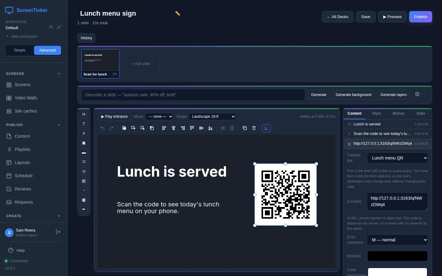 The slide editor with a slide that says Lunch is served and Scan the code to see today's lunch menu on your phone, next to a large QR code. The QR code is selected, and on the Content tab the Tracked link list is set to Lunch menu QR, with its short address in the Encodes box below.
