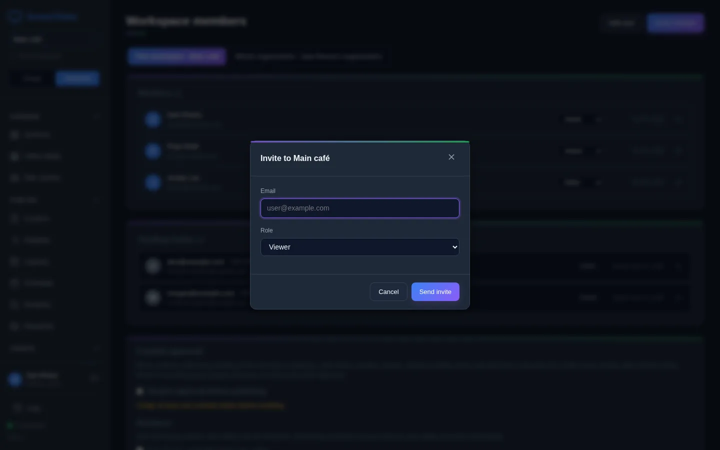 The Invite to Main café window with an empty Email field, the Role menu set to Viewer, and Cancel and Send invite buttons.