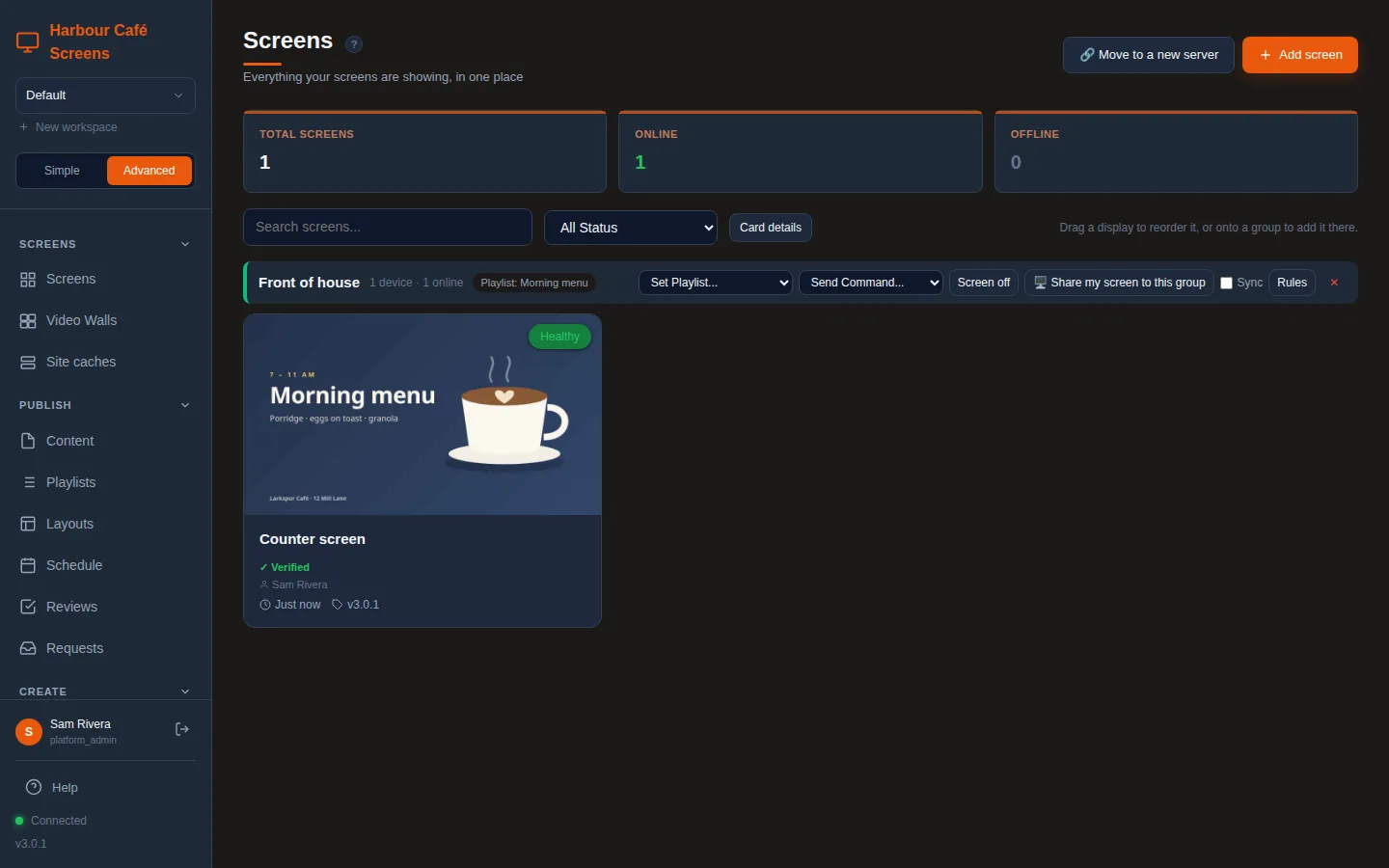 The Screens page of the dashboard with the brand name Harbour Café Screens at the top of the menu in orange. The Add screen button, the Advanced view button and the highlights are orange and the background is a warm dark brown. One screen, Counter screen, shows the Morning menu.