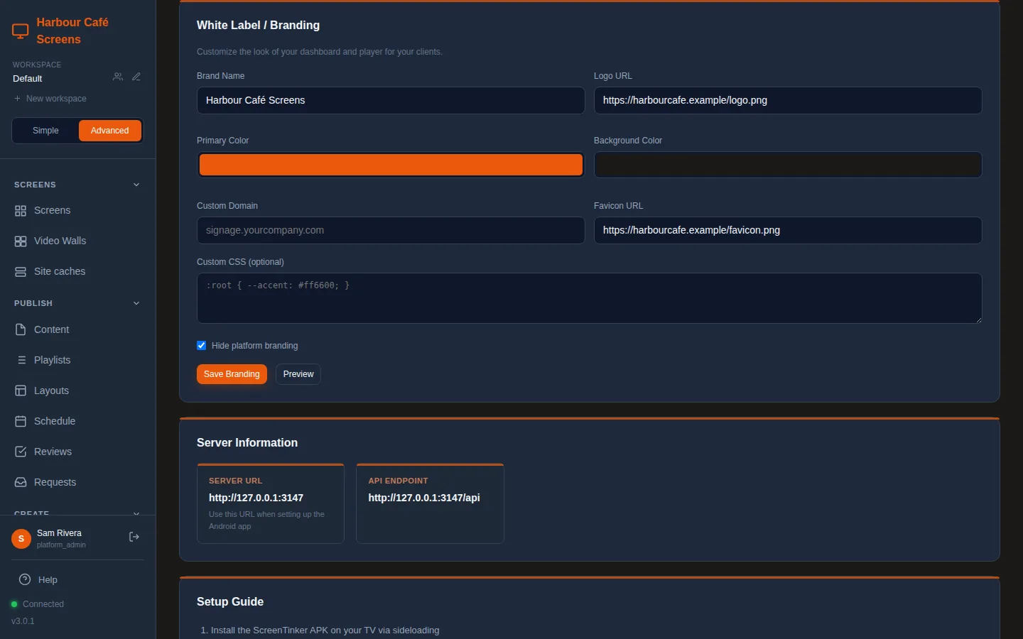 The White Label / Branding section of Settings: Brand Name Harbour Café Screens, a Logo URL, an orange Primary Color, a dark brown Background Color, an empty Custom Domain, a Favicon URL, an empty Custom CSS (optional) box, Hide platform branding ticked, and the Save Branding and Preview buttons.