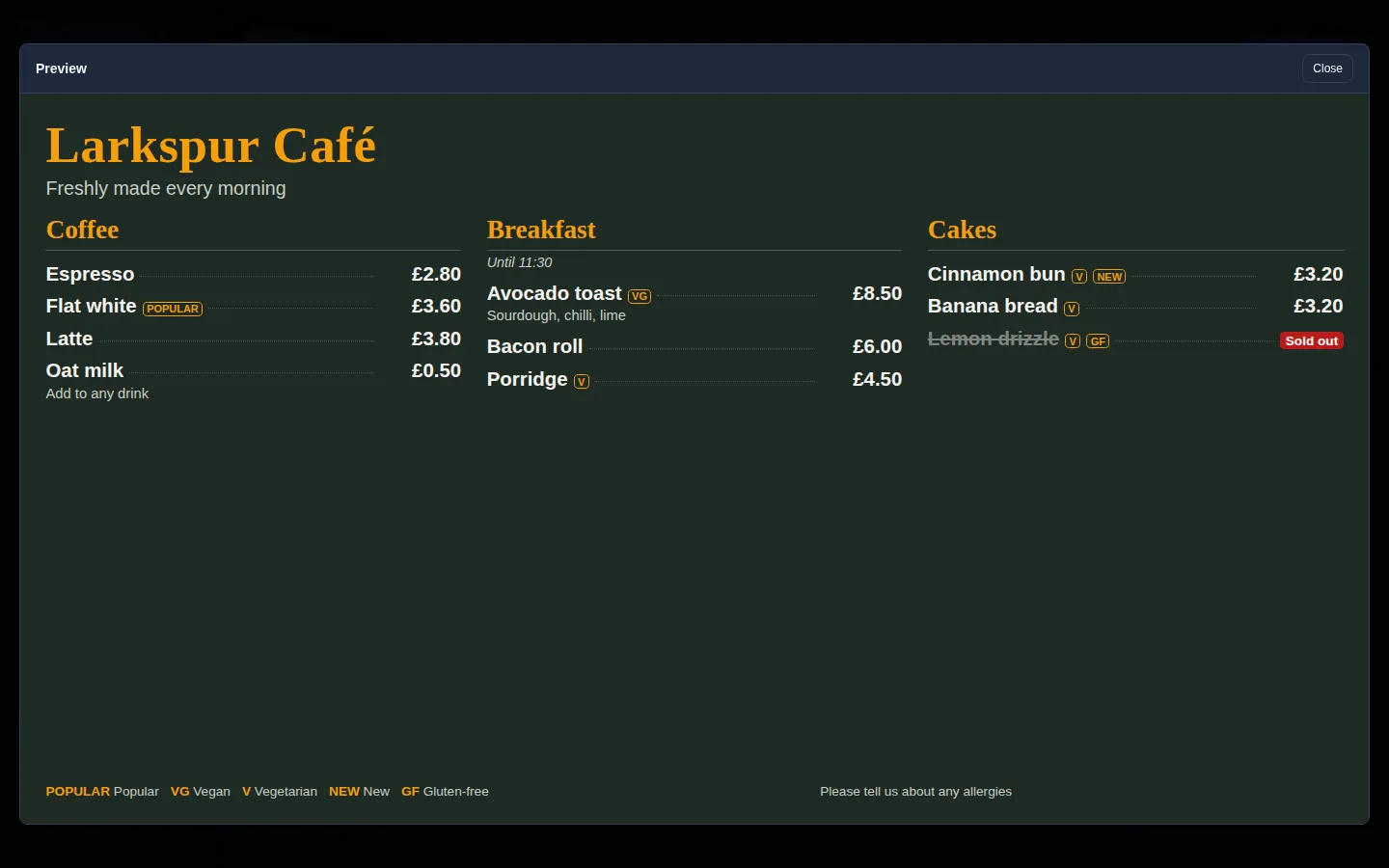 The Preview window showing the Larkspur Café menu on a chalkboard background in three columns: Coffee, Breakfast (Until 11:30) and Cakes. Lemon drizzle is crossed out with a red Sold out label. A key along the bottom explains the tags Popular, Vegan, Vegetarian, New and Gluten-free, next to the footer Please tell us about any allergies.