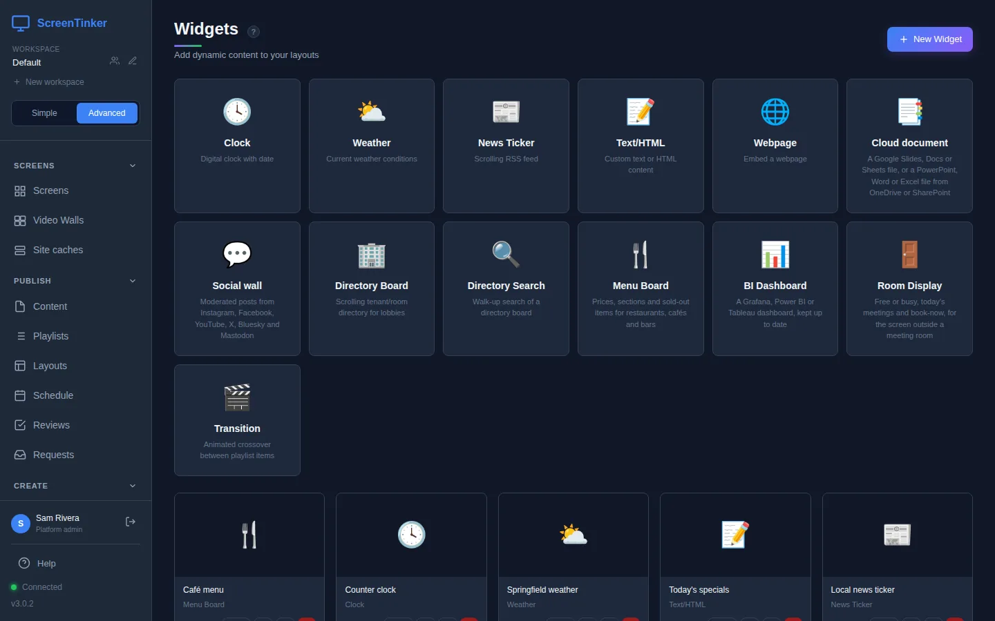 The grid of widget types: Clock, Weather, News Ticker, Text/HTML, Webpage, Cloud document, Social wall, Directory Board, Directory Search, Menu Board, BI Dashboard, Room Display and Transition, each with an icon and a one-line description.
